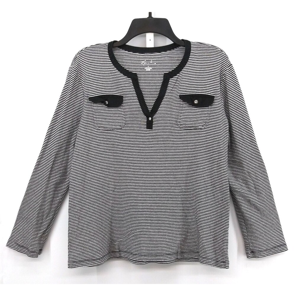 Kim Rogers Shirt Women Size L Black White Striped Long Sleeve V-Neck Casual Top